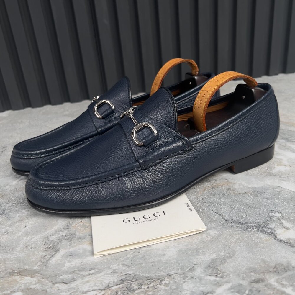 Gucci 1955 Horsebit Loafers Heels Blue Grain Leather 9 G or 9.5 US or 43 EUR
